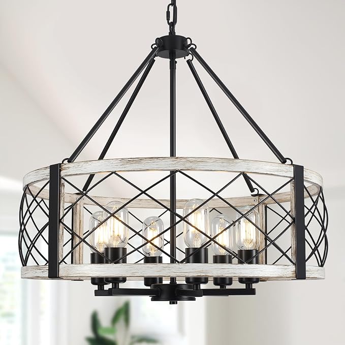 Modern Chandelier for Dining Room, 6-Light Wood Grain Finish Farmhouse Chandelier, 21.6” White Rustic Drum Hanging Light Kitchen Island, Round Metal Hanging Light Fixture for Foyer, Entryway, Bedroom