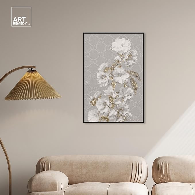 Art Remedy Floral in Classic Fashion Canvas Delicate Farmhouse Wall Art, Black Frame, 24" x 36"