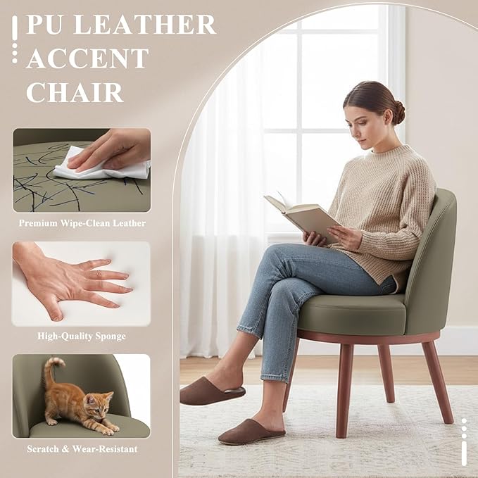 Accent Chair Set of 1, PU Leather Mid-Century Modern Chair for Small Space, Comfy Upholstered Armless Chair, for Living Room, Bedroom, Olive Green