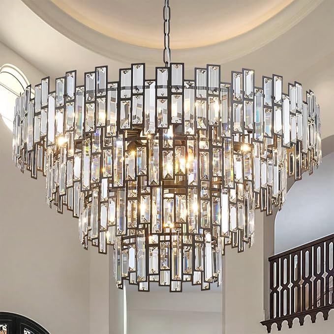 Crystal Contemporary Chandelier Foyer Entryway Lighting, 4-Tier Large Foyer Entrance Chandeliers for High Ceiling Big Crystal Chandelier (Dia 30 inch 15 Lights) Black