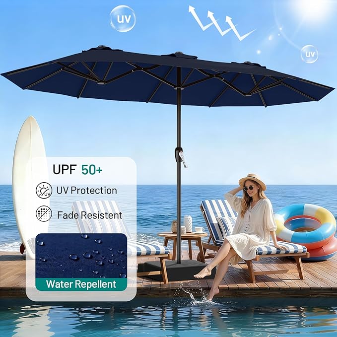 AreShark 15ft Patio Umbrella with Base, Double Sided Outdoor Umbrella with 12 Fiberglass Ribs, Large Outdoor Umbrella for Garden, Pool, Deck, Backyard & Market,Navy Blue