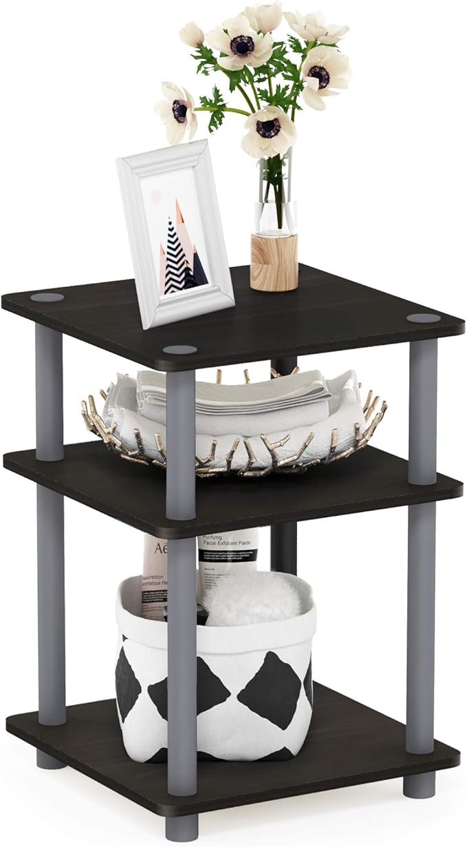 Furinno TURN-N-TUBE Side Table, 3-Tier Square Modern End Table, Open Shelves Nightstand, Night Stand, Bedside Table, Easy Assembly, for Living Room, Bedroom, Espresso