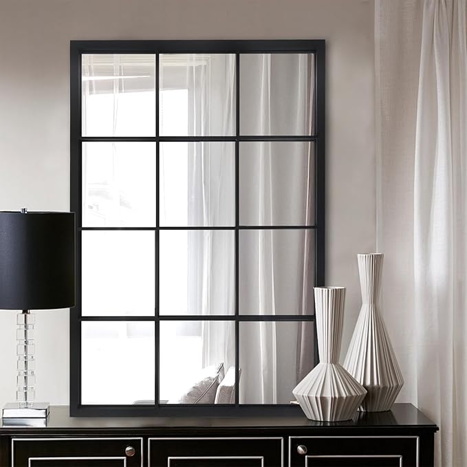 Balck Rectangle Mirror,Window Pane Grid Mirror,Minimalism Wall Mounted Mirror for Entryway,Hallway,Living Room,Fireplace 24"X36"