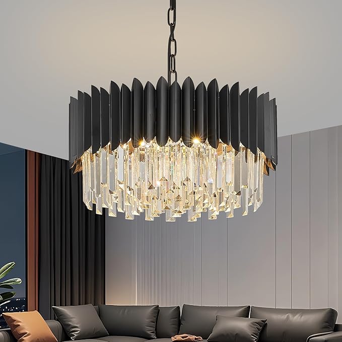Black Crystal Chandelier 20'' K9 Crystal Round Pendant Lights Adjustable 4-Tier Large Modern Crystal Chandelier 6-Lights for Dining Room Living Room Kitchen Foyer Entryway
