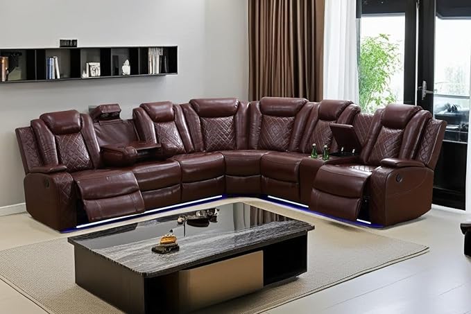 A Ainehome Power LED Reclining Sectional Sofa Set, Living Room Power Recliner Adjustable Sofa, Loveseat and Chair with Storage Console for Home/Office(A-Brown)