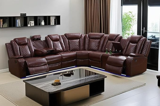 A Ainehome Power LED Reclining Sectional Sofa Set, Living Room Power Recliner Adjustable Sofa, Loveseat and Chair with Storage Console for Home/Office(A-Brown)