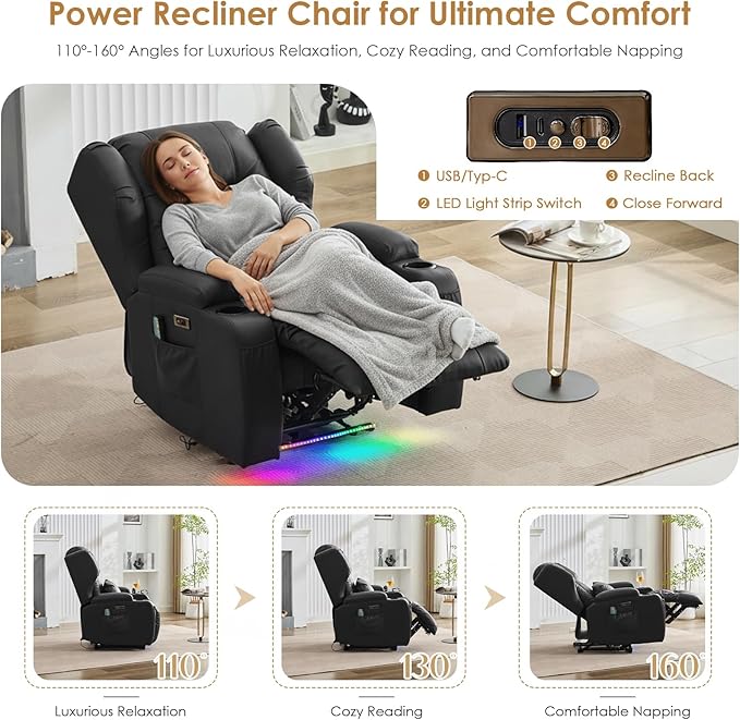 SAMERY Power Recliner Chair, Electric Wall Hugger Recliner Chair Reclining Sofa Home Theater Seating for Living Room with Massage & Heat, USB, LED Lights, Cup Holders, Side Pockets, Lumbar Pillow | 1-Inch Wall Hugger, Extra Wide Seat, Full Body Comfort...