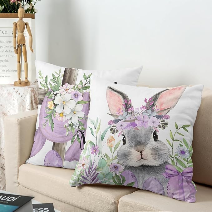 Set of 2 Easter Pillow Covers 16x16 Bunny Eggs Throw Pillow Covers Floral Cross He is Risen Pillow Cases Purple Happy Easter Decorative Pillowcases for Home Outdoor Spring Decor