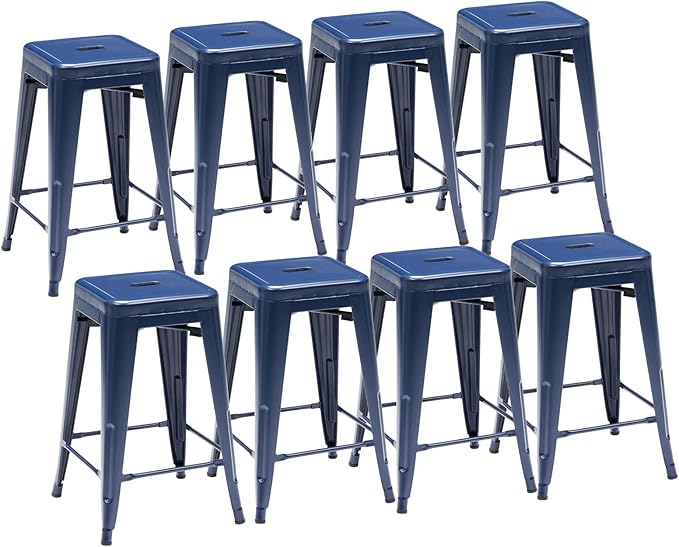 Sweetcrispy Metal Bar Stools Set of 8, 24 Inch Stackable Restaurant Classic Trattoria Metal Chairs, Backless Counter Height Barstool Chairs for Dining Room, Kitchen Island, Indoor Outdoor Use, Blue