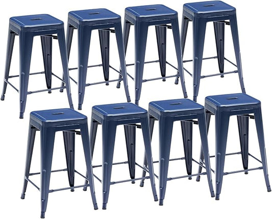 Sweetcrispy Metal Bar Stools Set of 8, 24 Inch Stackable Restaurant Classic Trattoria Metal Chairs, Backless Counter Height Barstool Chairs for Dining Room, Kitchen Island, Indoor Outdoor Use, Blue