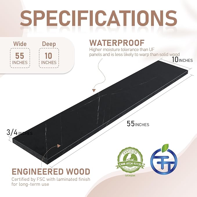 Kaboon 55 inch Long 10 inch Deep Floating Shelves for Wall Set of 2, Large Open Shelves Wall Mounted, Space Saving Home and Commercial Use, Cloud Atlas/Black Marble