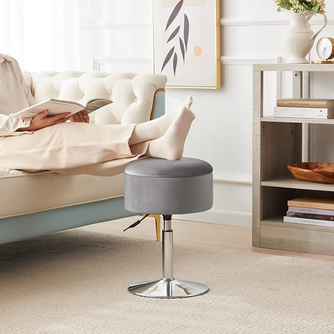 Adjustable Ottoman Stool Grey Vanity Stool Vanity Chair for Makeup Room Stool Chair for Vanity Stool with Storage Makeup Stools with Storage Swivel Makeup Chair for Bathroom Velvet