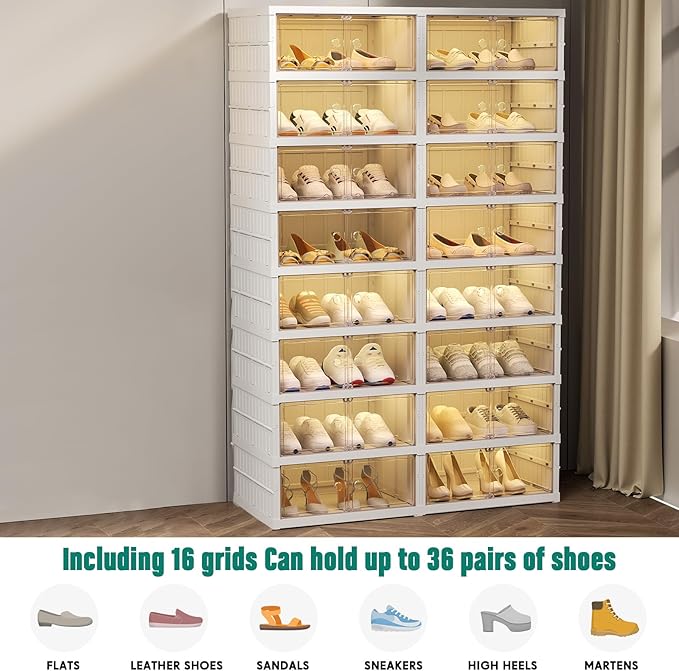 8-Tier Foldable Shoes Rack Organizer Clear Plastic Shoes Rack for Closet Shelf Collapsible Large Storage Box Stackable Easy Assembly Shoe Cabinet with Lids and Door(for 32 Pairs)