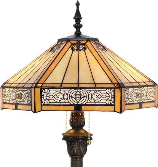 WERFACTORY Tiffany Floor Lamp Yellow Hexagon Stained Glass Mission Standing Reading Light 16X16X64 Inches Antique Pole Corner Lamp Decor Bedroom Living Room Home Office S011 Series