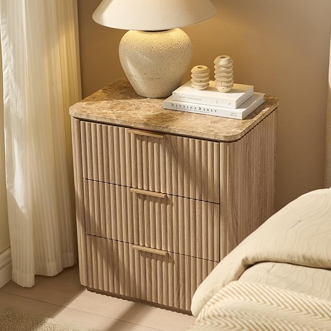 Fluted Nightstand Set of 2, Engineered Wood Bedside Table with 3 Drawers, Modern End Table with Faux Marble-Top, Curved Corners, Metal Handle, Large Night Stand for Bedroom, Office, Closet Natural Oak
