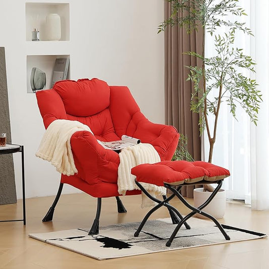Lazy Chair with Ottoman, Modern Chair with Folding Footrest, Red Accent Chair, Comfortable Reading Chair, Oversized Armchairs for Bedroom, Study, Living Room, Courtyard