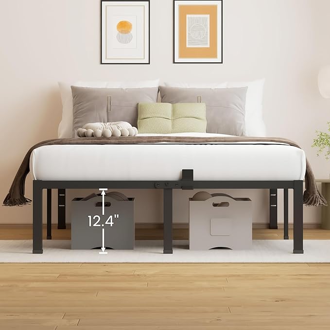 14 Inch Metal California King Size Bed Frame with Mattress Slide Stopper - Double Black Anti Squeak Platform, Easy Assembly Heavy Duty Bedframes, No Box Spring Needed