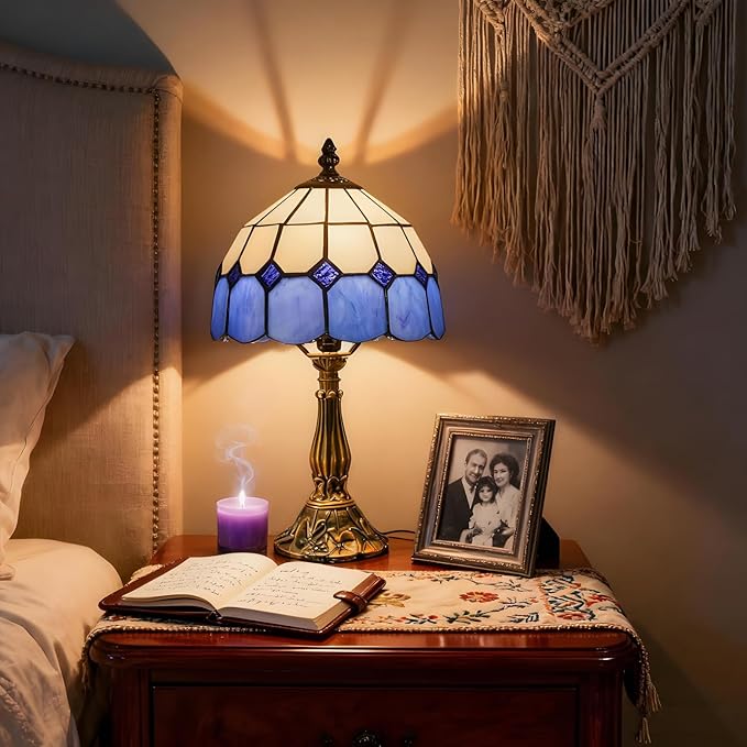 Table Lamp Tiffany-Style 8 Inch Mediterranean Series Stained Glass Lampshades Small Bedside Lamp Reading Antique Desk Light Livingroom Bedroom Office Vintage Art De(Color:Blue)
