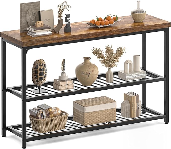 47" Console Table with Storage, 3-Tier Narrow Entryway Table, Sofa Table with Mesh Shelves, Console Tables for Living Room, Bedroom, Hallway, Entryway, Foyer, Rustic Brown