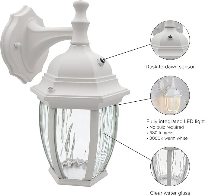 Maxxima LED Outdoor Wall Light - Features Clear Water Glass, 3000K Warm White, 580 Lumens, Dusk to Dawn Photocell Light Sensor, Patio or Porch Sconce Fixture, Ideal for Exterior Decor Lighting - White