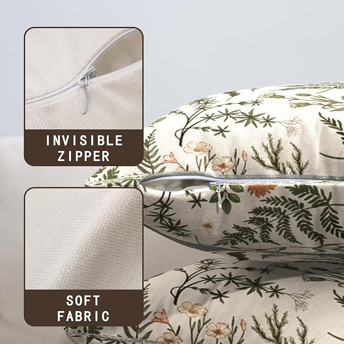 Sage Green Leaves Pillow Covers 18x18 Set of 2 Spring Botanical Fern Leaf Outdoor Decorative Pillow Cases Summer Farmhouse Wildflower Floral Cushion Covers for Couch Sofa Porch Decor