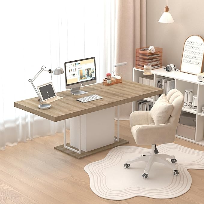 63" - 79" Extendable Dining Room Table, Expandable Kitchen Table for 6 to 10 People, Modern Wood Conference Table, Large Farmhouse Dining Table(White Oak)