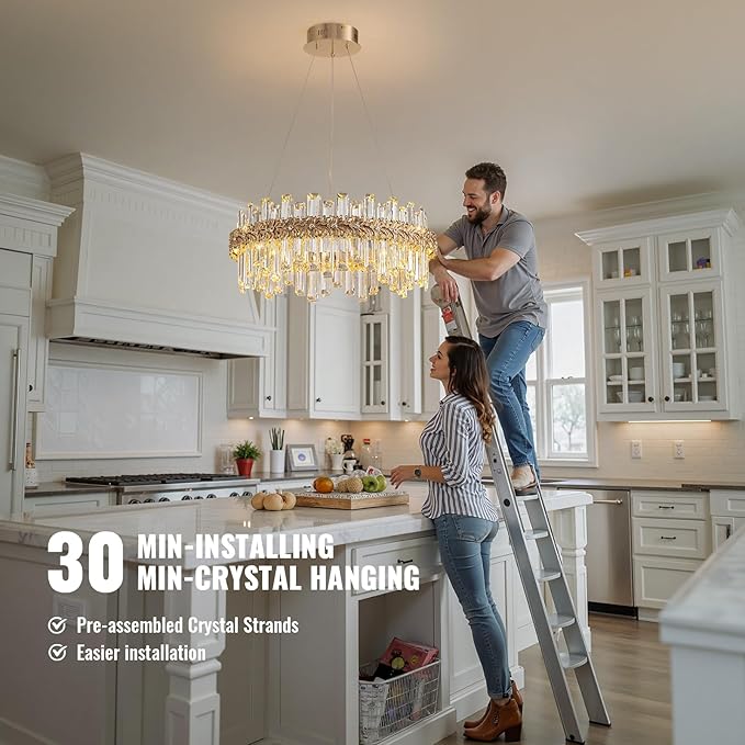 Gold Crystal Chandeliers for Dining Room,24" Luxury K9 Raindrop Crystal Chandelier,Adjustable Brushed LED Pendant Ceiling Light Fixture with Leaf-Edge for Dining Living Room Foyer Entryway