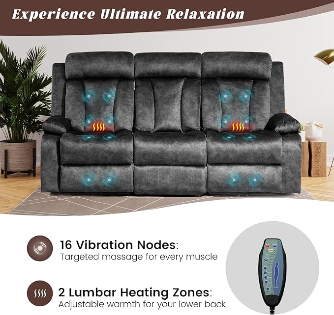 Electric Power Reclining Sofa Set - 3-Seater with Flip-Top Console & Massage Heat, Faux Leather Dual Recliner with USB Ports & Storage, Perfect for Living Room Comfort & Convenience (Gray)