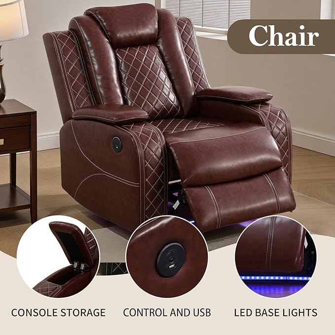 Power Recliner Sectional Sofa Set for Living Room, Leather Recliner Sofa Sets, L-Shaped Corner Sectional Couch Sets with LED Lights, Console Storage(Sectional and Chair,Red)