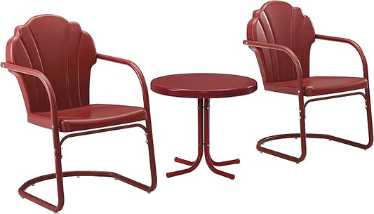 Crosley Furniture Tulip 3-Piece Outdoor Chair and Side Table Set, Retro Metal Patio Conversation Sets, Red