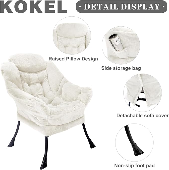 Kokel Lazy Chair with Folding Ottoman,Living Room Chairs, Accent Contemporary Lounge Chair, Single Steel Frame Leisure Sofa Chair with Armrests and A Side Pocket (TM3WHITE)