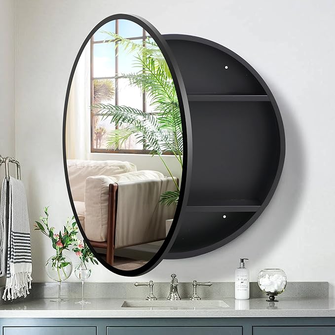 Movo 26 Inch x 26 Inch Round Circle Black Aluminuml Framed Bathroom Mirror Medicine Cabinet, Circular Storage Cabinet Surface Mounted Black