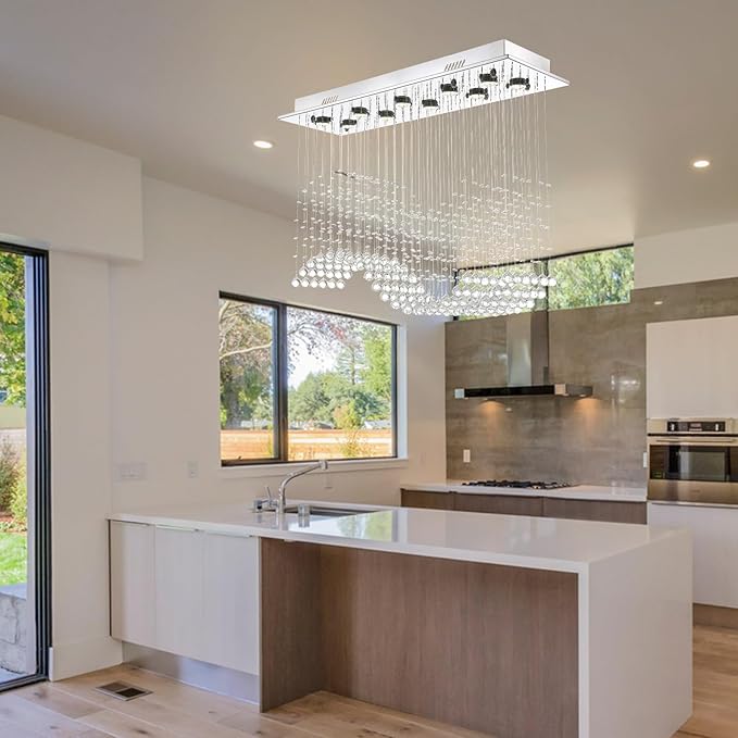 Siljoy 10 Lights Rectangle Wave Raindrop Crystal Chandelier Modern Rectangular Flush Mount Crystal Ceiling Light for Dining Room Living Room Kitchen Island L40'' x W11.8'' x H35.4''