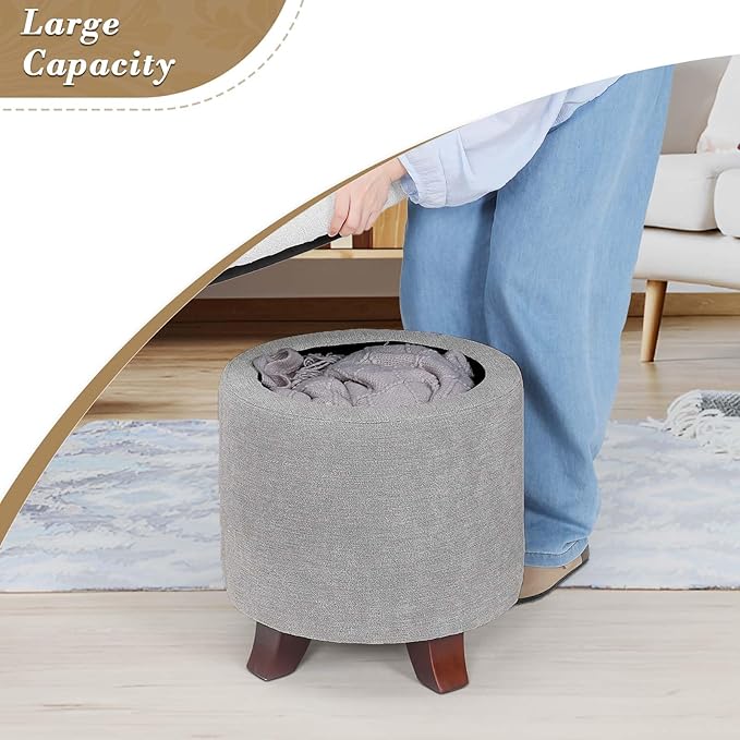 Athena Collection 15 Inch Small Ottoman with Storage, Round Linen Fabric Storage Ottoman Foot Rest with Removable Lid, Multipurpose Footstool Footrest for Living Room, Bedroom, Dorm, Grey