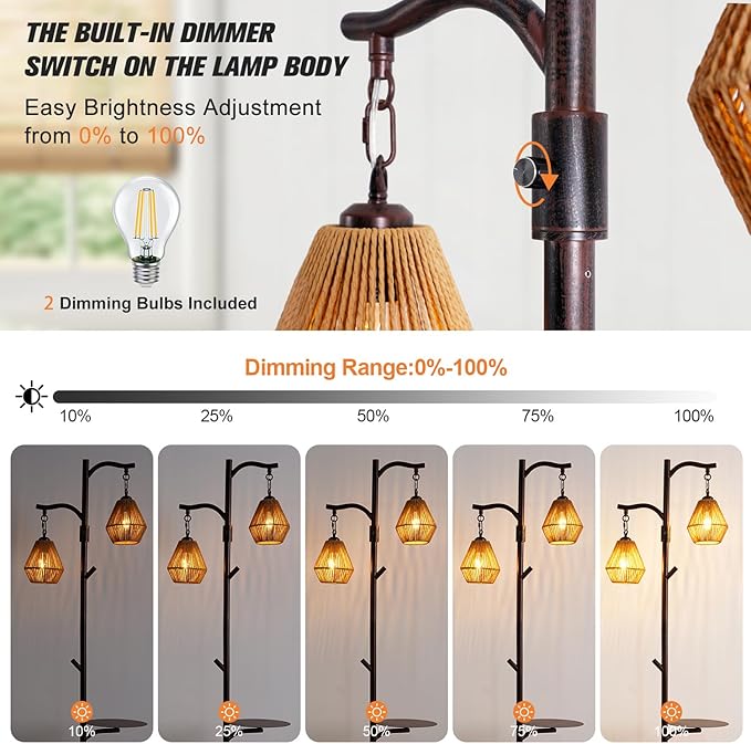 Hsyile Arc Floor Lamp with Cage Shade,Rattan&Fabric Boho Floor Lamps for Living Room Bedroom,Rust Color Industrial Dimmable Floor Light,Farmhouse Rustic Tall Lamp for Office Reading