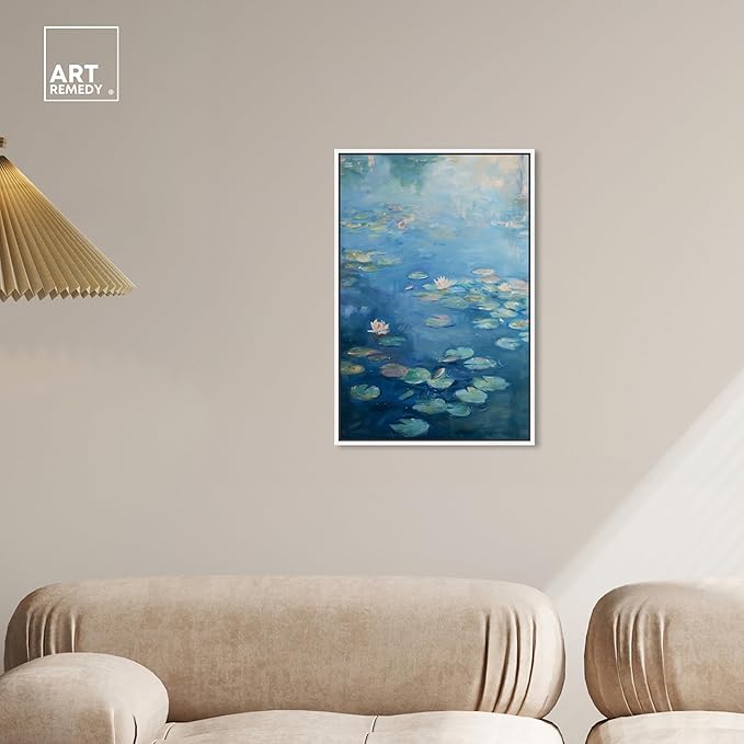 Art Remedy Lilypads In Blues Framed Impressionism 1 Piece Canvas Wall Art/Monet And Van Gogh Inspired Art, 17" x 25", White Frame