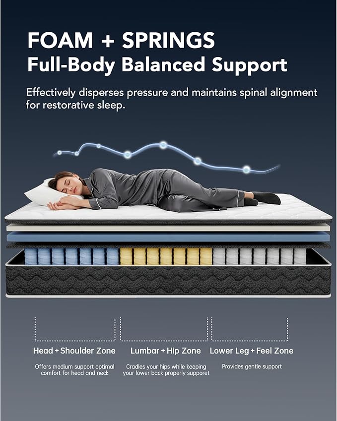 VKT King Size Mattress 14 inch, Hybrid Mattress in a Box,Individually Pocket Springs, Medium Firm Feel for Pressure Relief, Breathable Comfort, CertiPUR-USCertified