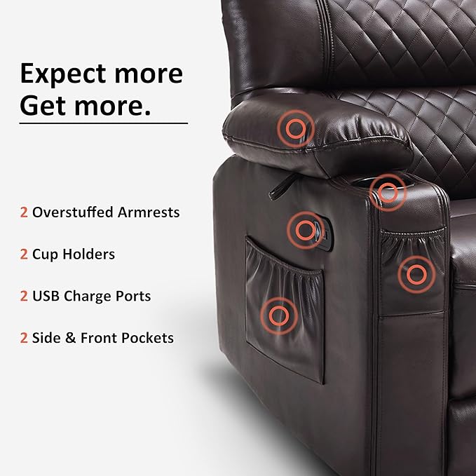 MCombo 56.3" Zero Gravity Power Loveseat Recliner with Heat and Vibration Massage, Reclining Loveseat Sofa with USB Ports, Cup Holders for Living Room, Faux Leather PR622Sets (Dark Brown)