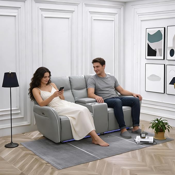 Power Recliner Sofa Set for Living Room, Breathing Leather Reclining Sofa with LED Lighting, Cup Holders, Storage Console&USB Port for Home Theater Seating (Light Grey)