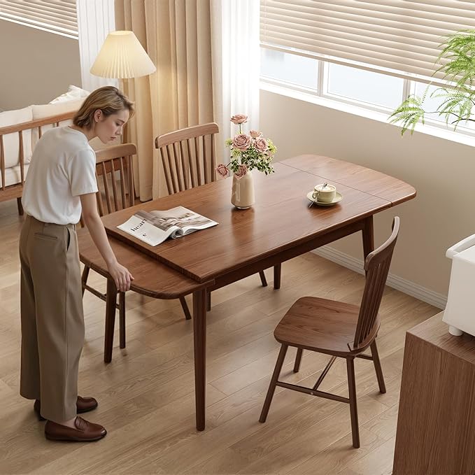 Solid Wood Extendable Dining Table, 47.2” to 70.8” Expandable Table for 4-8, Easy Assembly Extendable Dining Room Table, 3-in-1 Design, Ideal for Dining Room, Kitchen, Living Room (Walnut)