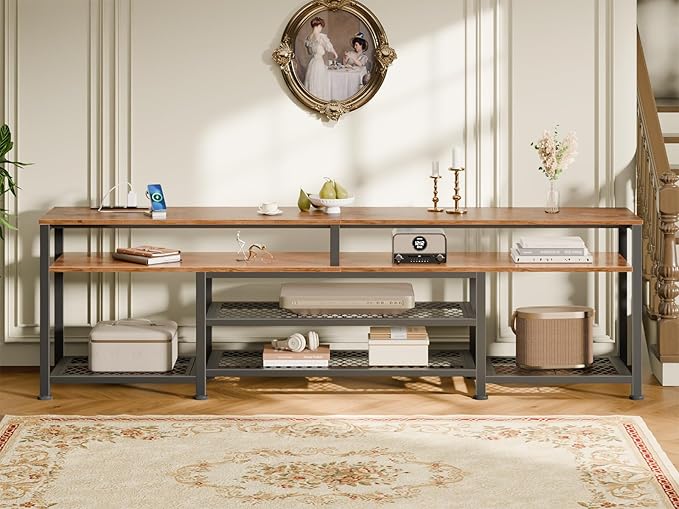 Furologee 71 Inch TV Stand with Power Outlets and LED Lights, Entertainment Center for 65 75 80 Inch TV, Media Console Table with Open Shelves, for Bedroom, Living Room, Rustic Brown