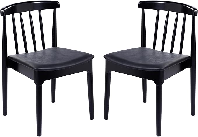Flash Furniture Chester Solid Wood Dining Chair, Commercial Grade Restaurant Chair with Curved Spindle Backrest and Vinyl Padded Seat, Set of 2, Black/Black