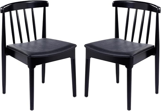 Flash Furniture Chester Solid Wood Dining Chair, Commercial Grade Restaurant Chair with Curved Spindle Backrest and Vinyl Padded Seat, Set of 2, Black/Black