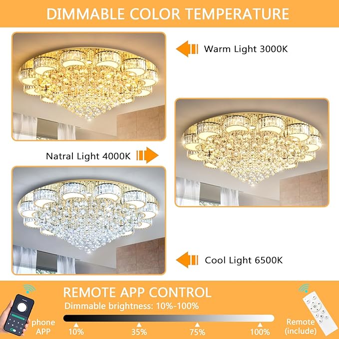 47'' Gold Modern Crystal Chandeliers for Dining Room LED Dimmable Light Fixtures Flush Mount Light Living Room Bedrooms