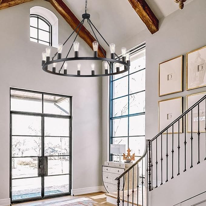 16 Lights Black Wagon Wheel Chandelier, 40 inch Large Farmhouse Light Fixture Round Rustic Pendant Light, Outdoor Wagon Chandelier for Porch High Ceilings Dining Room Living Room Entryway