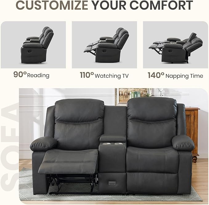 Manual Reclining Loveseat with Massage and Heat, Double Recliner Sofa with Center Console, Cup Holders & Storage for Living Room, RV (Grey)