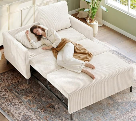 Welzona 47.2" Convertible Sofa Bed Couch, Comfy Corduroy Couch Bed, All in 1 Loveseat Sleeper Sofa, Love Seat Sleeper Bed with 2 Pillows, Modern Couches for Living Room/Apartment/Office, Beige White