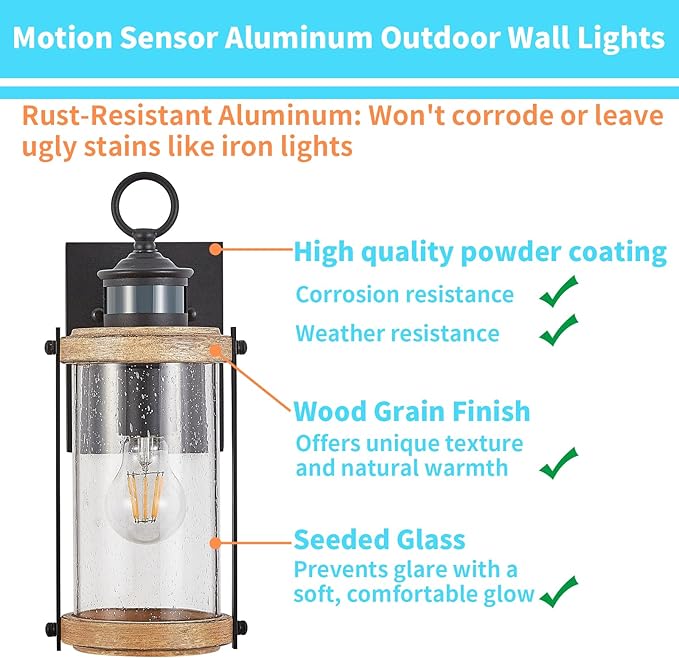 Motion Sensor Outdoor Wall Light Waterproof,Dusk to Dawn Outdoor Lighting,Outdoor Light for House with Seeded Glass,Matte Black & Wood Grain Finish,1 Pack