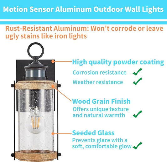 Motion Sensor Outdoor Wall Light Waterproof,Dusk to Dawn Outdoor Lighting,Outdoor Light for House with Seeded Glass,Matte Black & Wood Grain Finish,1 Pack