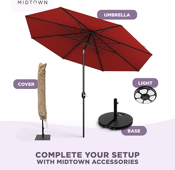 Midtown Umbrellas – The Lean 9 Ft Patio Umbrella with 10-Year-No-Fade Acrylast Acrylic Fabric, Auto-Tilt and 8 Reinforced Ribs for Deck, Pool, Garden, Hotel & Cafes – Regatta Red Canopy, Black Pole